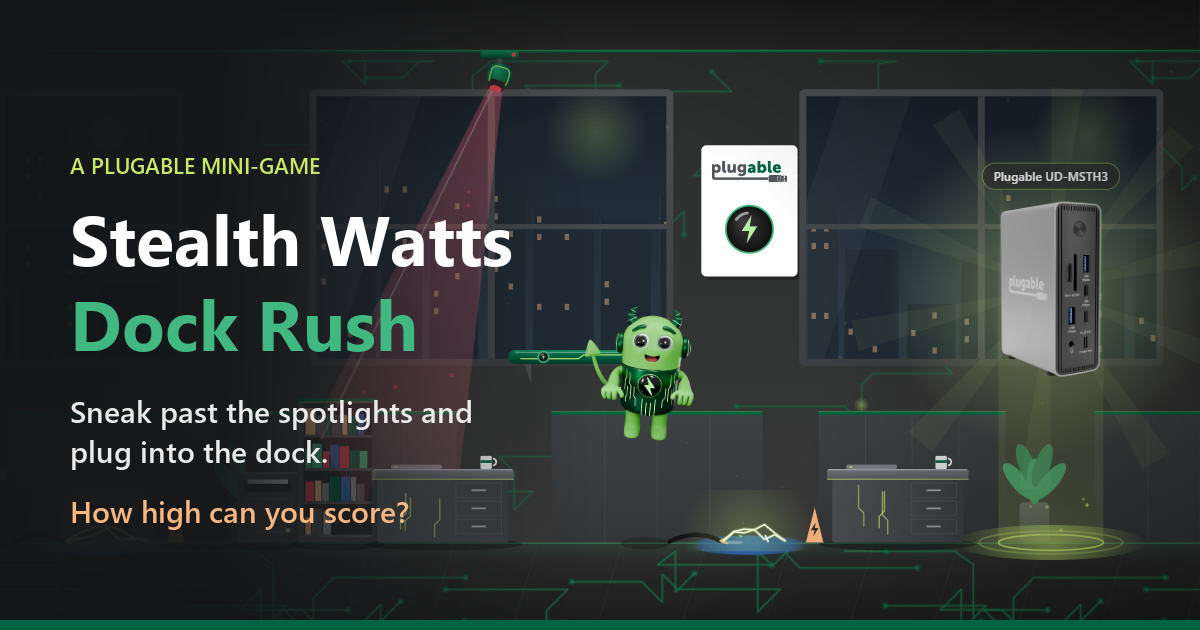 Stealth Watts: Dock Rush title card: Watts jumps a sparking spill in a dark office as a red spotlight scans behind him, with the Plugable UD-MSTH3 dock glowing ahead