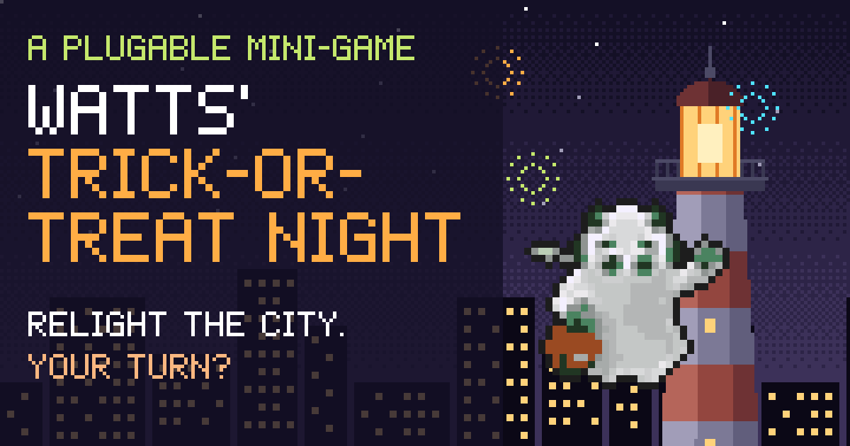 Watts' Trick-or-Treat Night title card: pixel-art Watts in a ghost costume with a pumpkin pail, in front of a lit lighthouse and fireworks over a city skyline