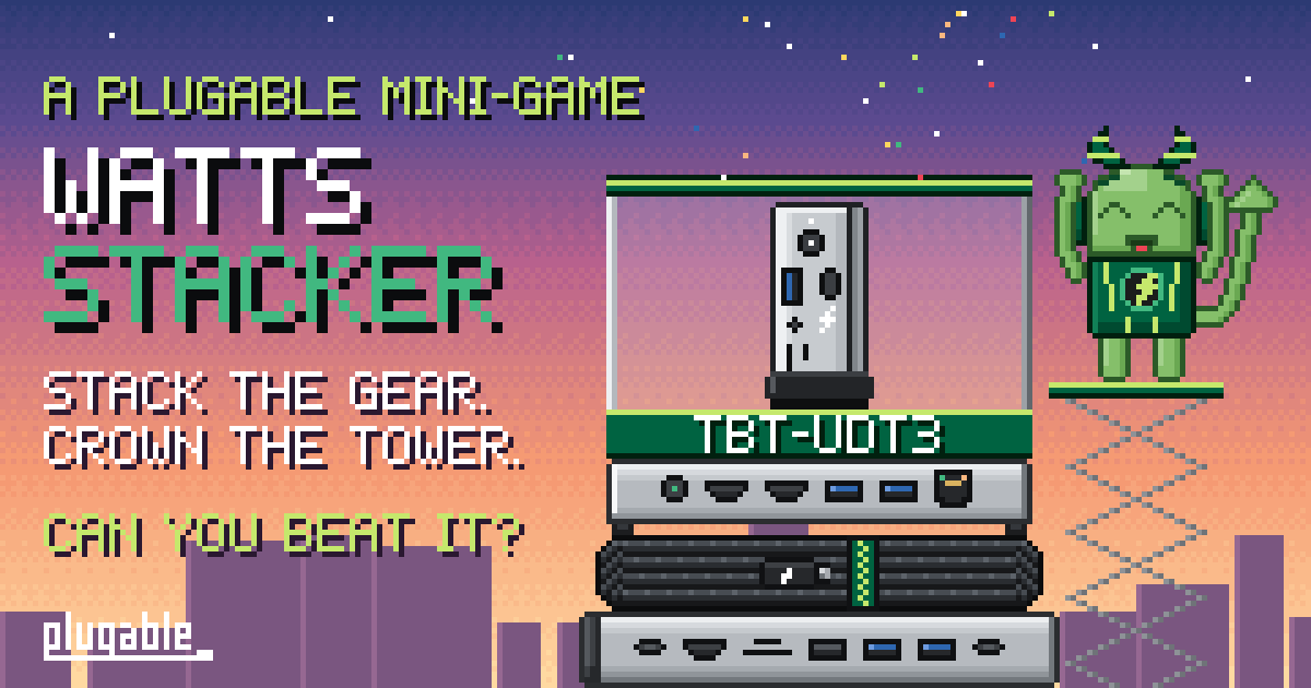 Watts Stacker title card: a pixel-art tower of Plugable gear crowned with the TBT-UDT3 dock, with Watts cheering beside it